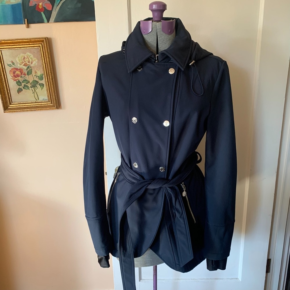 Betsey Johnson Womens Navy Blue Softshell Hooded Trench Coat Jacket Medium
